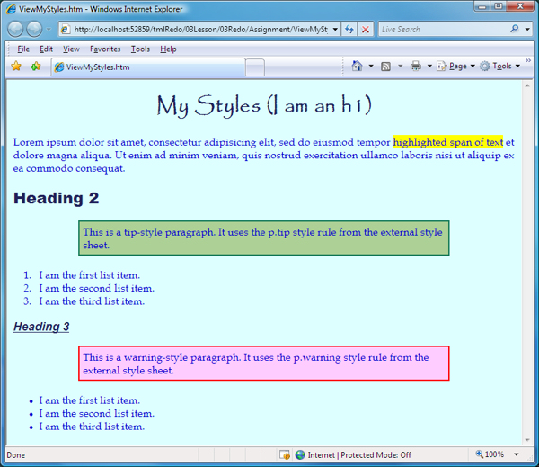 ViewMyStyles.htm in a Web browser